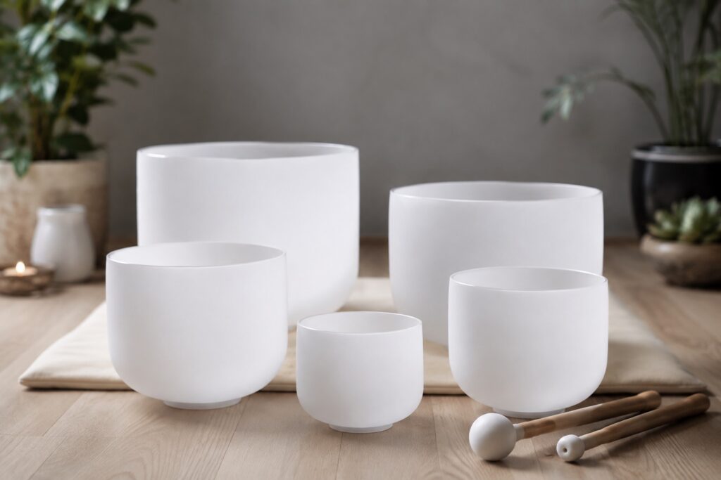 Set of 5 white crystal singing bowls.