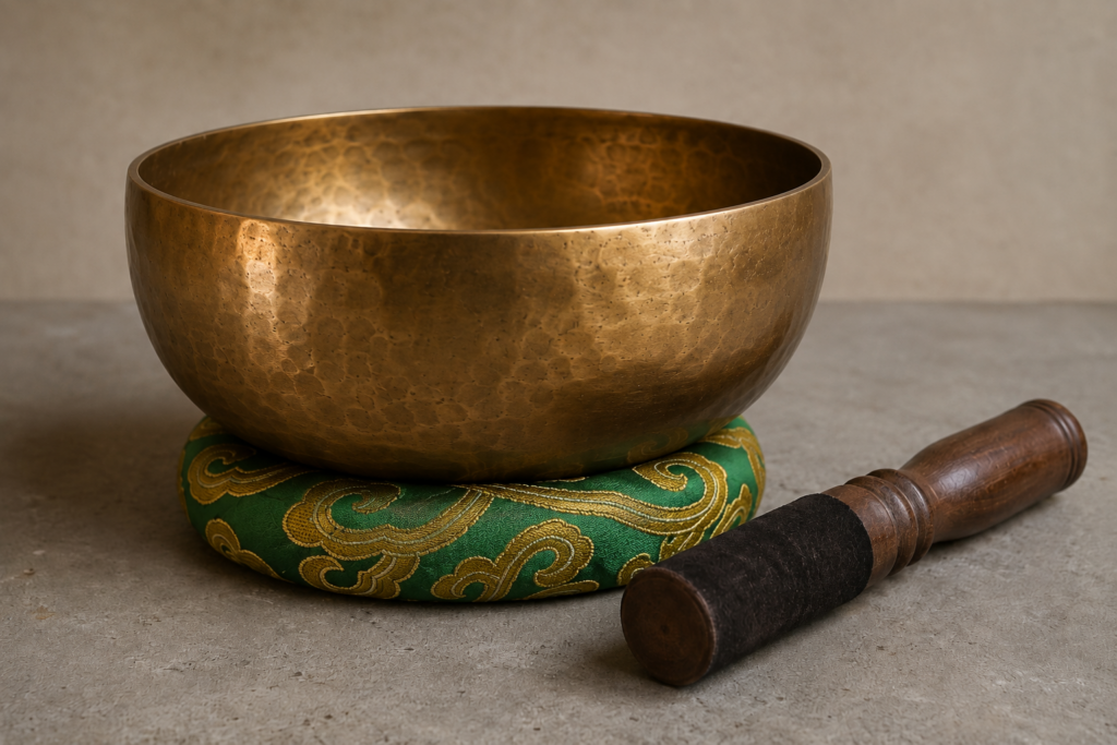 Hand-hammered Tibetan singing bowl on a green and gold circular cushion with a wooden mallet.
