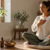 Woman practicing a morning nervous system reset with aromatherapy and a Tibetan singing bowl at home.
