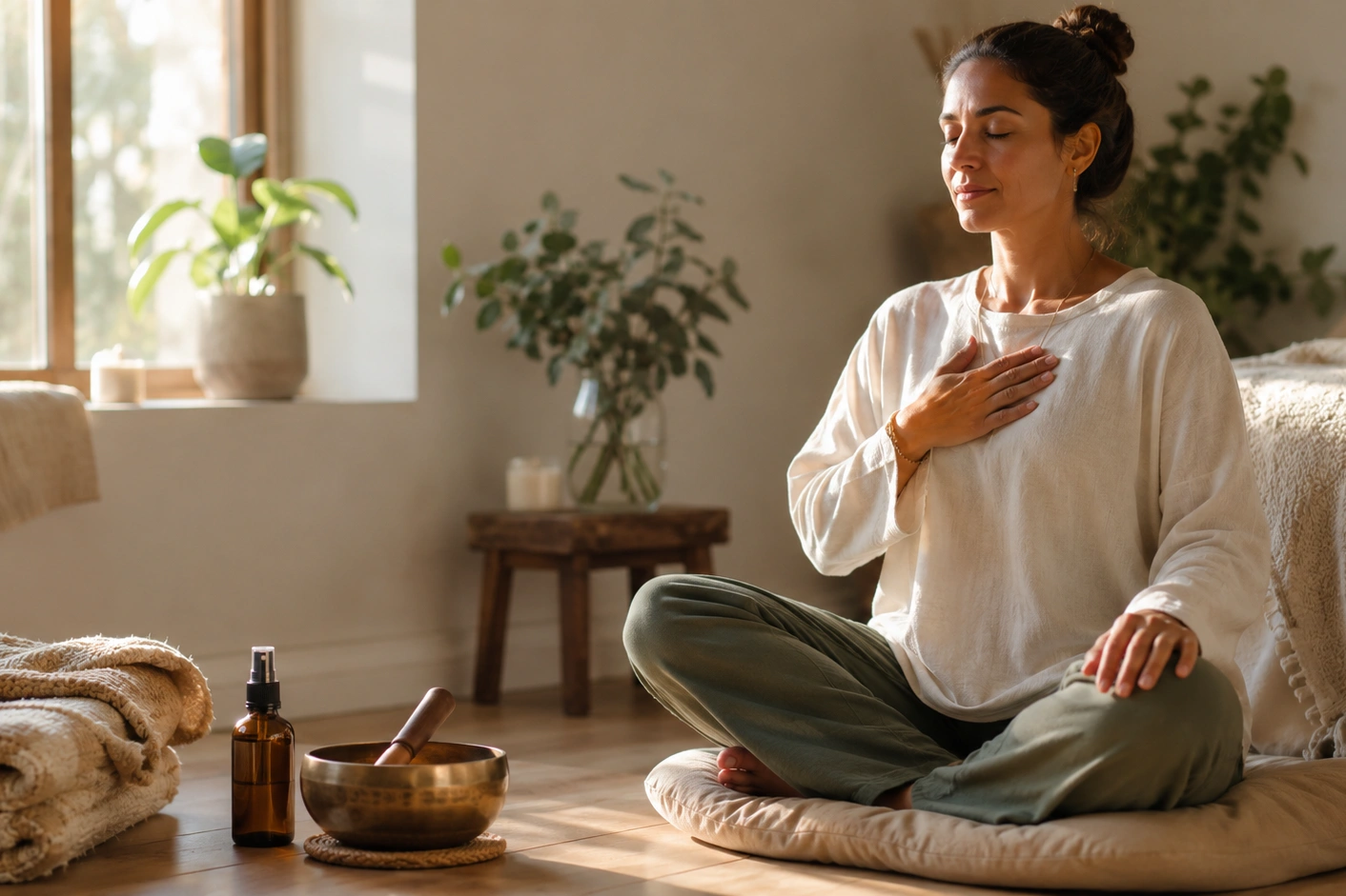 Woman practicing a morning nervous system reset with aromatherapy and a Tibetan singing bowl at home.