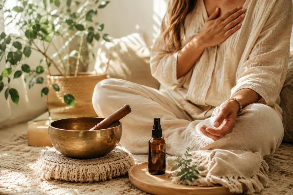 Person practicing a nervous system reset with aromatherapy and a Tibetan singing bowl at home.
