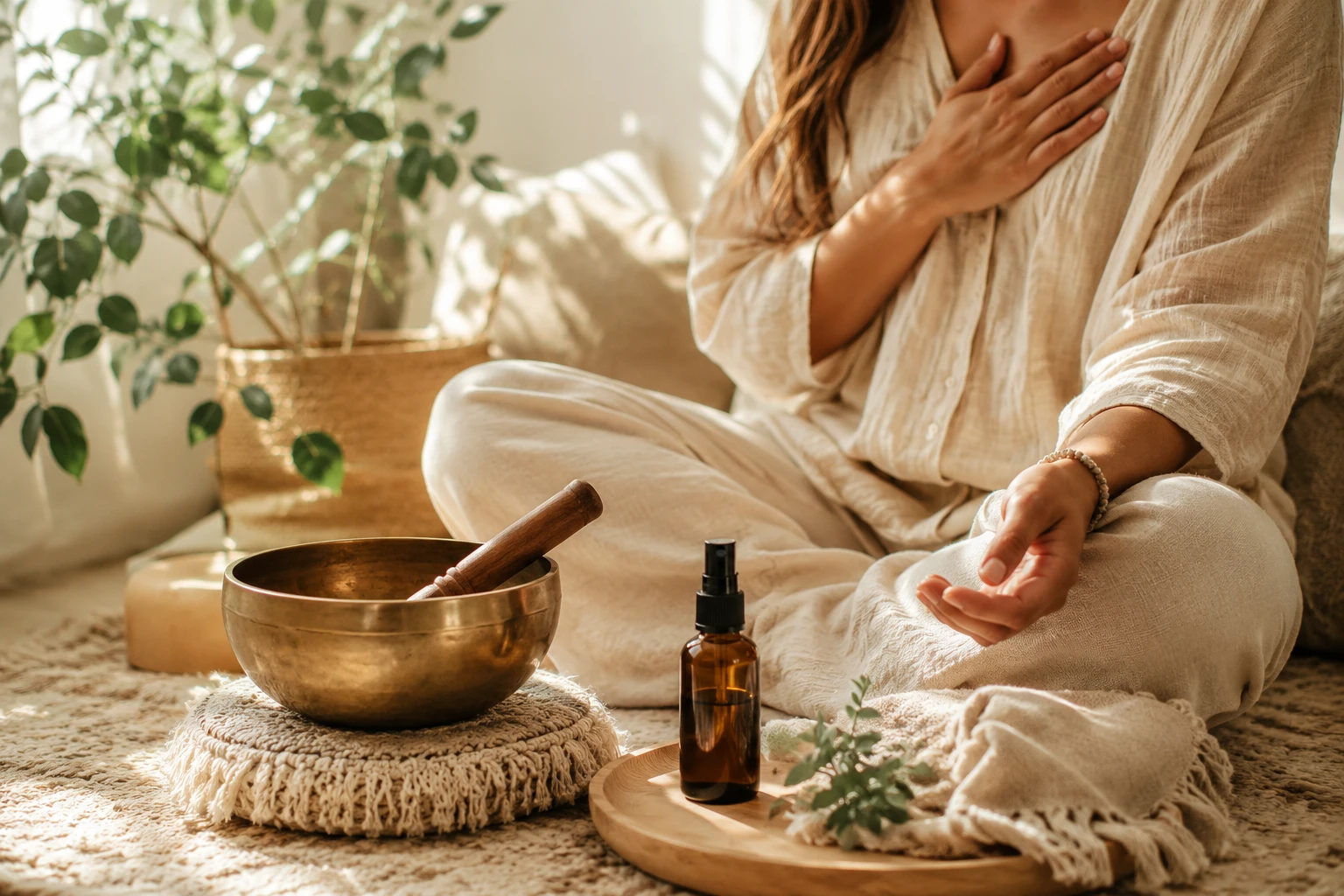 Person practicing a nervous system reset with aromatherapy and a Tibetan singing bowl at home.
