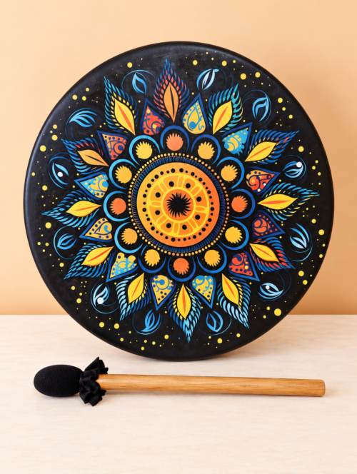 Black Synthetic Frame Drum with Mandala Print – 15.5"