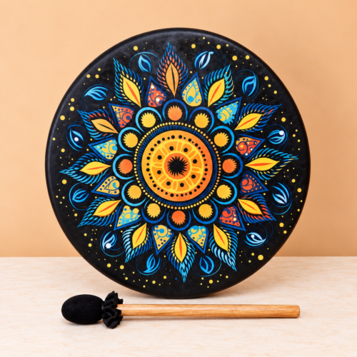 Black Synthetic Frame Drum with Mandala Print – 15.5"