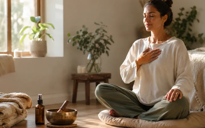 Woman practicing a morning nervous system reset with aromatherapy and a Tibetan singing bowl at home.